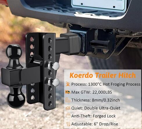 وصلة ربط مقطورة قابلة للتعديل من Koerdo - وصلة قطرة مع جهاز استقبال 2.5 بوصة - قطرة/ارتفاع 6 بوصة، وصلة ربط كروية 2 بوصة و2-5/16 بوصة للشاحنات، 22,000 رطل GTW، وصلة سحب مع دبوس مضاد للسرقة، أسود in Kuwait