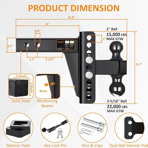 وصلة ربط مقطورة قابلة للتعديل من Koerdo - وصلة قطرة مع جهاز استقبال 2.5 بوصة - قطرة/ارتفاع 6 بوصة، وصلة ربط كروية 2 بوصة و2-5/16 بوصة للشاحنات، 22,000 رطل GTW، وصلة سحب مع دبوس مضاد للسرقة، أسود in Kuwait