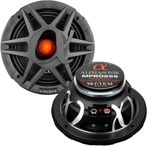 Alphasonik 1 زوج من MPRO658 Mayhem PRO Series 6.5 بوصة 1400 واط بحد أقصى 350 واط RMS مكبر صوت سيارة متوسط ​​المدى 8 أوم، سلة مصبوبة، محيط من القماش، مخروط ورق غير مضغوط، مغناطيس نيوديميوم in Saudi Arabia