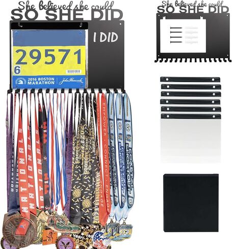 Premium Bib Medal Holder Hanger Display Rack, Medal Holder with Black Board Writting,Medal bib Holder Shelf with 16 HOOKS,Medal Bib Trophy Display Space Saving Walls Holder,Award Display Case Shelf in Saudi Arabia