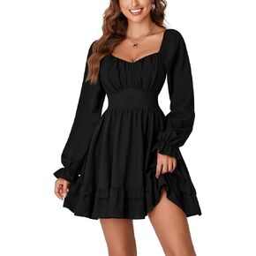 KIFOVEN Women's Lantern Long Sleeve Smocked Wrap Tiered Ruffle Flowy A Line Short Mini Dress