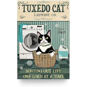 Tuxedo Cat Laundry Retro Metal Tin Sign,Sorting Out Life One Load at A Time Aluminum Metal Wall Decoration Retro Bar Sign Home Kitchen People Cave Living Room Decoration Gift 8X12 Inch
