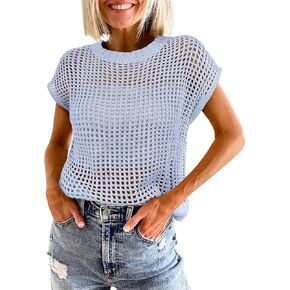 ANRABESS Womens Summer Crochet Sweater Tops Casual Cap Short Sleeve Hollow Out Mesh Knit Beach Cover Up Shirts 2025 Spring