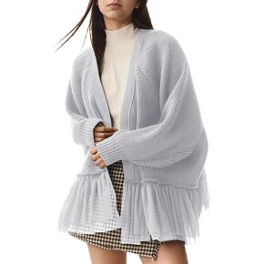 Womens Y2k Oversized Cardigan Sweaters Patchwork Flwoy Hem Crochet Knitted Sweater Tops Tulle Ruffle Ribbed Jacket