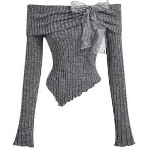 GORGLITTER Women's Bow Tie Ruched Off The Shoulder Sweaters Long Sleeve Coquette Crop Tops