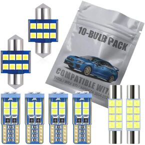10-pc White LED Interior Light Kit Compatible with 2004-2021 Subaru WRX/WRX STI/Impreza Map Dome Trunk Vanity Mirror Trunk License Plate Light Bulb Replacement Super Bright 6000K Package
