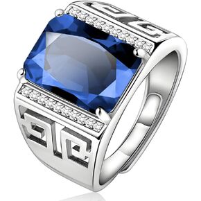 10 * 14mm Created Sapphire Rings for Men 925 Sterling Silver Plated Rings for Men Radiant Cut Blue Sapphire Rings with CZ Mens Wedding Engagement Rings Adjustable Rings for Men Size 7-12