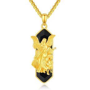 Black Onyx St Michael/Christohper/Benedict/Sebastian/Jude/Andrew/Florian Necklace 925 Sterling Silver Patron Saint Amulet Necklace with Adjustable Rolo Chain, 22"+2"