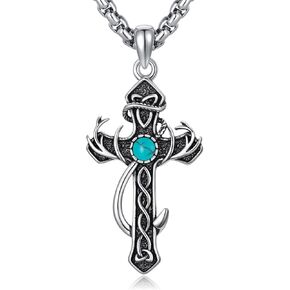 925 Sterling Silver Cross Necklace for Men Cross Deer Antler Fish Hook Necklace Hunting Jewelry for Men Hunters