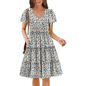 Zeagoo Summer Tiered Mini Dress with Pockets Ruffle Sleeve V-Neck Casual Dress A Line Boho Flowy Sundress 2025 Vacation