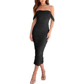 Women's Off Shoulder Ruched Bodycon Midi Dresses Short Sleeve Elegant Cocktail Party Tube Dress