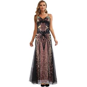 ANGEL FASHIONS Women's Sequined V-Neck Gown Elegant Tulle Evening Dress with Criss-Cross Back Straps