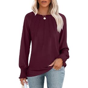 Womens Tops Casual Long Sleeve Pleated Shirts Crewneck Loose Basic T-Shirt Blouses 2024 Trendy Fall Clothes
