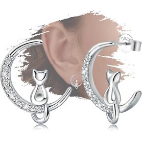 Silver Moon Cat Stud Earrings - Sterling Silver Cubic Zirconia Dainty Moon Cat Stud Earrings Trendy Moon Shaped Earring for Sensitive Ears for Women Ladies Gifts for Christmas Valentine's Day