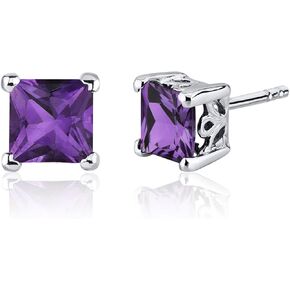 Peora Amethyst Stud Earrings 925 Sterling Silver, Solitaire Scroll Gallery, 2 Carats Total, Princess Cut, 6mm, Friction Back, Hypoallergenic Earrings, February Birthstone Earrings