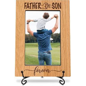 classic wood frame with black metal stand - father & son forever - wooden frame for 4"x 6" vertical picture, gift for dad, rustic photo frame, father's day gift and decorations (A02)
