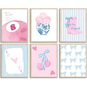 Blue and Danish Pastel Floral Bow Cherries Trendy Wall Prints,College Apartment Decor Aesthetic Wall Art Prints Cherry Poker,Living Room Decor,Girls Room Bedroom Decor,8x10 Inch Set of 6 Unframed.