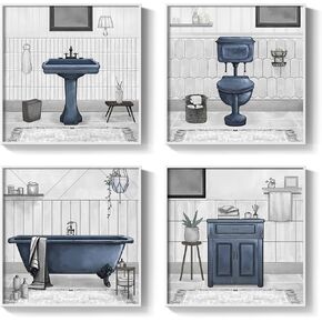 Framed Navy Blue Bathroom Wall Art, Set of 4 Canvas Paintings Prints Artwork for Walls, Bathroom Decor Wall Art with White Frame, Modern Bathtub Toilet Pictures for Bathroom Wall Decor 12x12 Inch