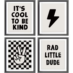 Retro Black Checkered Preppy Lightning Peace Hand Sign Poster Prints for Boy Teen Room Dorm Decor,Rad Little Dude Funny Decorations Prints Wall Art Unframed 4pcs 8x10inches,Teen Boys Gifts (8W×10L)