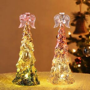 Lewondr Glass Christmas Tree 2 Pcs, Tabletop Mercury Lighted Small Tree with Angel Tree Topper, Built-in Batteries Operated Christmas Table Lights Xmas Decoration for Centerpiece Fireplace Ornament