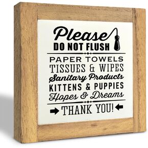 Funny Restroom Wood Plaque Sign, Do Not Flush Paper Towels Kittens, Box Wood Plaques Desk Décor 5.9×5.9×0.7inch, Bathroom Décor Sign, Humorous Bathroom Notice Plaques, Restroom Shelf Art Décor