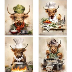 Funny Cow Canvas Wall Art Prints,Humorous Brown Highland Cows Cooking Enticing Food Kitchen Pictures,for Kitchens And Bedrooms Decor,Set Of 4 (8"x10"Inches,Unframed).