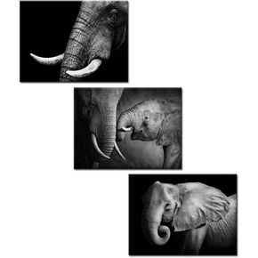 KREATIVE ARTS - Black and White Elephant Canvas Wall Art Decor Animal Painting Prints Artwork for Living Room Office Decor Giclee Canvas Prints Ready to Hang 12x16inchx3pcs/set