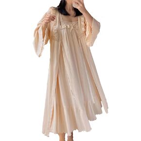 Women's Vintage Nightgown with Robe 2 Pcs Cotton Victorian Sleepwear Sexy Slip Dress Robe Set