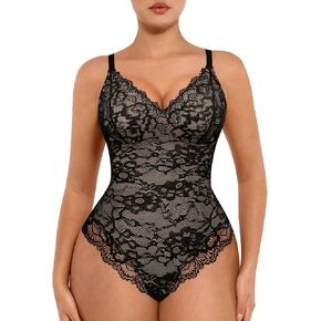FeelinGirl Bodysuits for Women Tummy Control Lace Shapewear V-Neck Bodysuit Tops Backless Body Shaper Black L