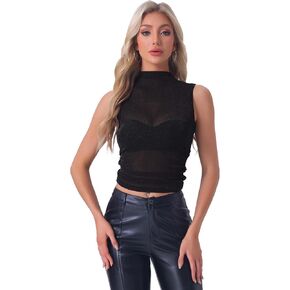 Allegra K Sexy Sleeveless Mesh Top for Women's Summer Mock Neck Ruched Semi Sheer Y2K Tank Tops