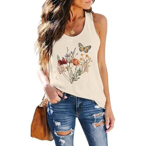 Women Summer Vintage Flowers Tank: Wildflowers and Butterflies Tanks Boho Floral Printed Shirt Summer Graphic Tee Tops