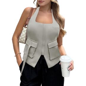 Tankaneo Womens Summer Halter Vest Tops Going Out Backless Waistcoat Y2k Tank Sleeveless Shirts with Pockets