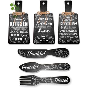 PH PandaHall 6pcs Cutting Board Eat Sign Set Black and White Chalk Text Wooden Hanging Signs, Rustic Dining Sign Decoration Fork and Spoon Wall Decor for Kitchen and Home Decoration Art