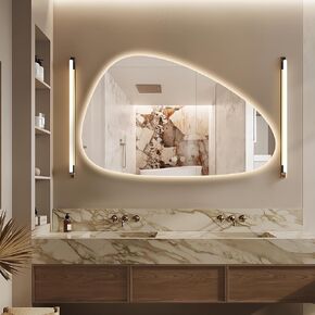 Niccy LED Irregular Bathroom Mirror, 30"x47" Irregular Frameless LED Wall Hanging Mirror, 3-Color Adjustal, Dimmable, Anti-Fog, Asymmetrical Led Makeup Mirror, Smart Memory Function, IP65 Waterproof