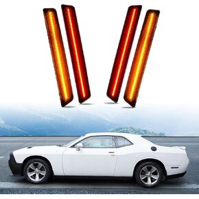 HAKA TOUGH Side Marker Lights for Dodge Challenger 2015-2023 Front&Rear LED Side Bumper light Smoked Lens Amber & Red 4PCS Replace OEM#: 68195788AB, 68195797AB