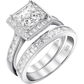 Wuziwen Womens Wedding Bridal Sets Princess Cut Engagement Rings for Her Sterling Silver Cubic Zirconia Ring