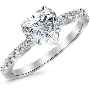 14K White Gold 1-5 Carat Lab Grown Heart Cut Semi Eternity IGI Diamond Engagement Ring (E-F Color SI1-SI2 Clarity)
