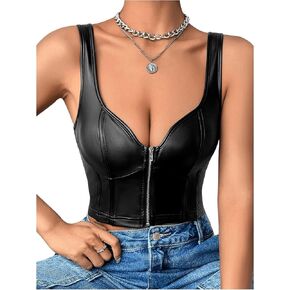 SHENHE Women's Casual Solid Sleeveless Spaghetti Strap Cami PU Leather Backless Crop Tops