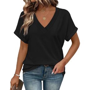Heymiss Womens Summer Tops Short Sleeve Shirts V Neck T Shirt Loose Casual S-2XL