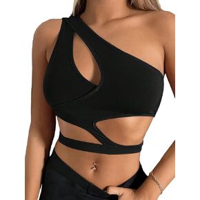 MakeMeChic Women's Cut Out One Shoulder Sleeveless Solid Camisole Shirt Y2K Crop Tank Tops