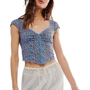 Womens Lace Frill V Neck Floral Print Crop Tops Y2k Summer Cute Going Out Vintage Flower Baby Tees Shirt