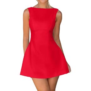 OWIN Women’s Summer Casual Boat Neck Sleeveless Elegant Flared A Line Swing Club Cocktail Party Short Mini Dress
