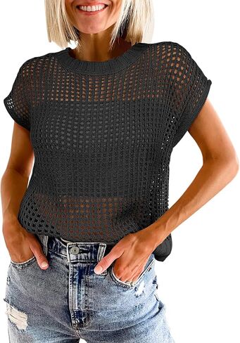 ANRABESS Womens Summer Crochet Sweater Tops Casual Cap Short Sleeve Hollow Out Mesh Knit Beach Cover Up Shirts 2025 Spring in Kuwait