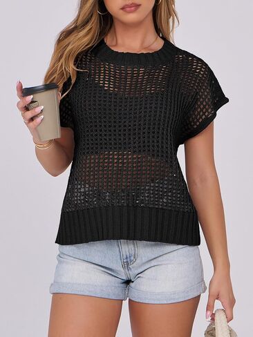 ANRABESS Womens Summer Crochet Sweater Tops Casual Cap Short Sleeve Hollow Out Mesh Knit Beach Cover Up Shirts 2025 Spring in Kuwait