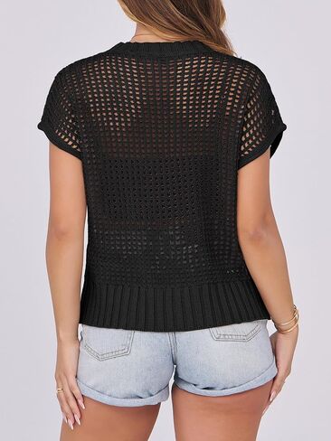 ANRABESS Womens Summer Crochet Sweater Tops Casual Cap Short Sleeve Hollow Out Mesh Knit Beach Cover Up Shirts 2025 Spring in Kuwait