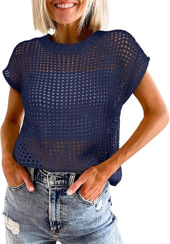ANRABESS Womens Summer Crochet Sweater Tops Casual Cap Short Sleeve Hollow Out Mesh Knit Beach Cover Up Shirts 2025 Spring in Kuwait