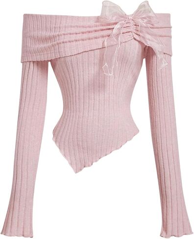 GORGLITTER Women's Bow Tie Ruched Off The Shoulder Sweaters Long Sleeve Coquette Crop Tops in Saudi Arabia