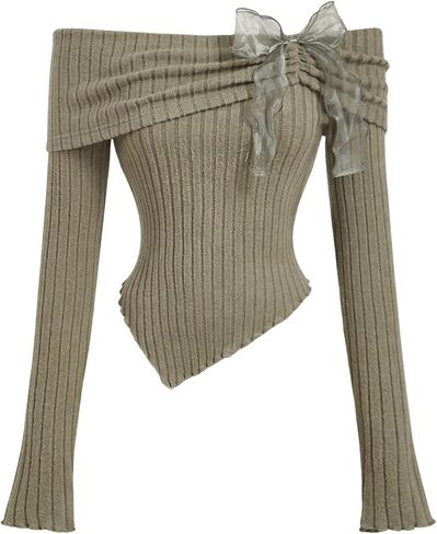 GORGLITTER Women's Bow Tie Ruched Off The Shoulder Sweaters Long Sleeve Coquette Crop Tops in Saudi Arabia