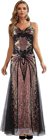 ANGEL FASHIONS Women's Sequined V-Neck Gown Elegant Tulle Evening Dress with Criss-Cross Back Straps in Kuwait
