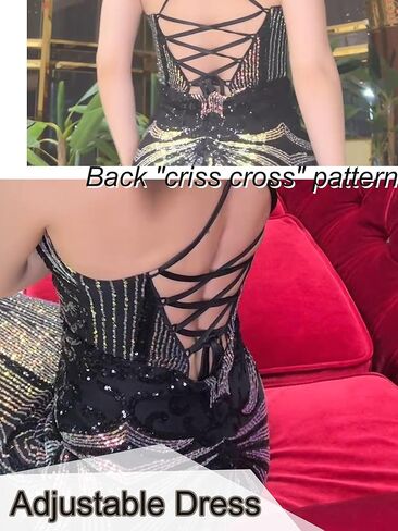 ANGEL FASHIONS Women's Sequined V-Neck Gown Elegant Tulle Evening Dress with Criss-Cross Back Straps in Kuwait